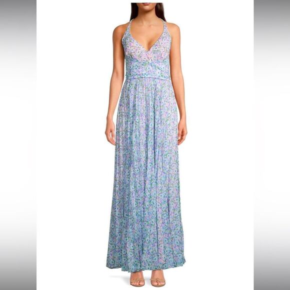 Laundry by Shelli Segal Floral Pleated Chiffon Crisscross Back Maxi Dress Sz 2 - Picture 1 of 12